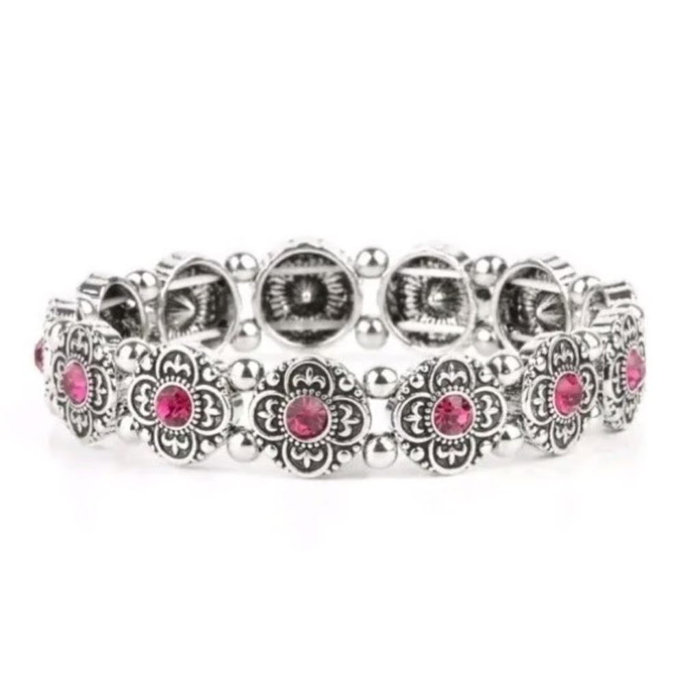 Paparazzi Silver Bracelet with Pink Floral Accents - Picture 2 of 5